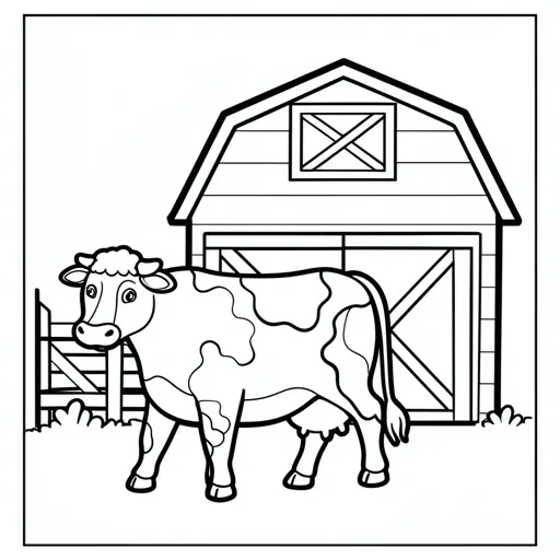 Real generated farm animals coloring page with a cow and barn