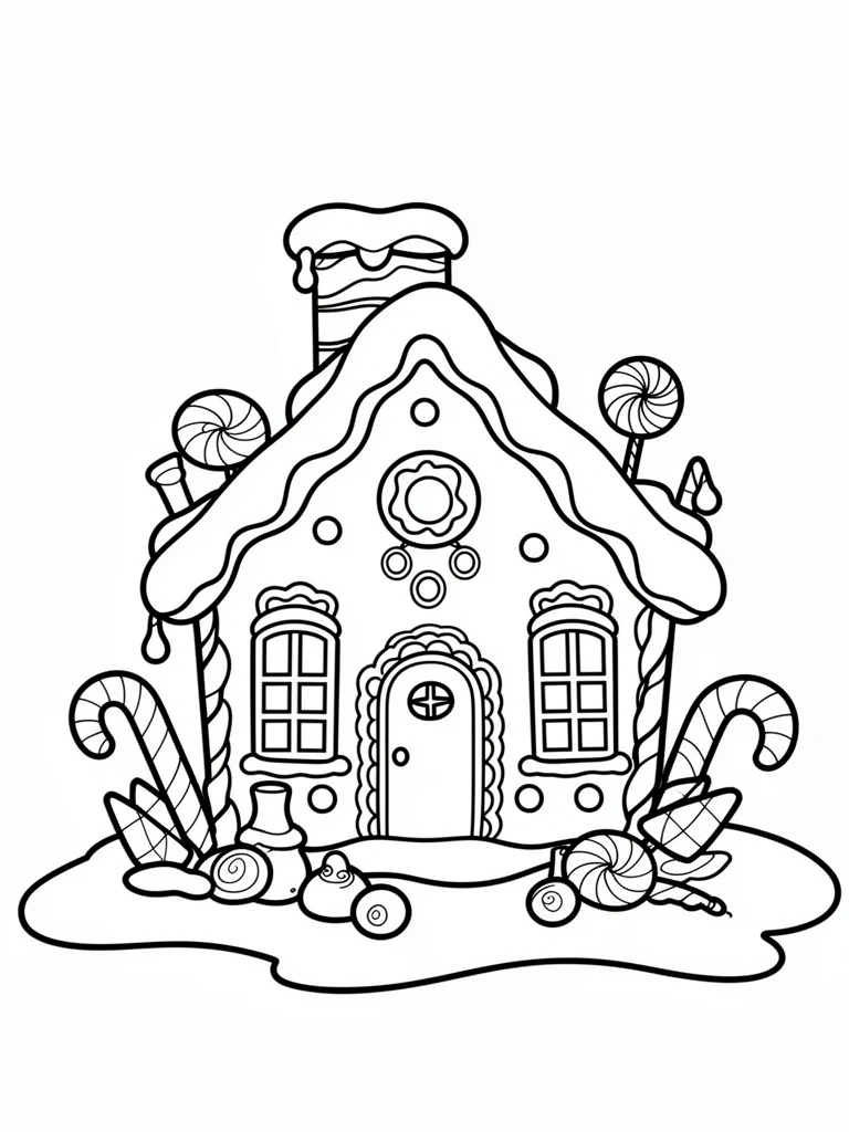 Gingerbread house coloring page with candy shapes and snowy ground