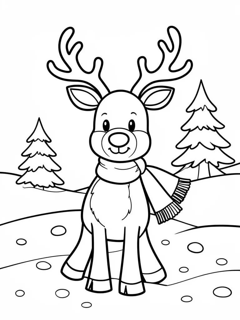 Reindeer coloring page with scarf and snowy ground