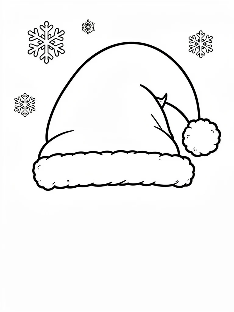 Santa hat coloring page with snowflakes and thick outlines