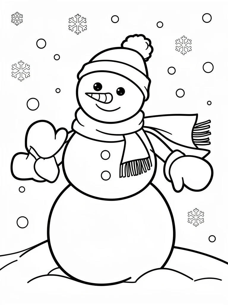 Snowman coloring worksheet with scarf and snowflakes