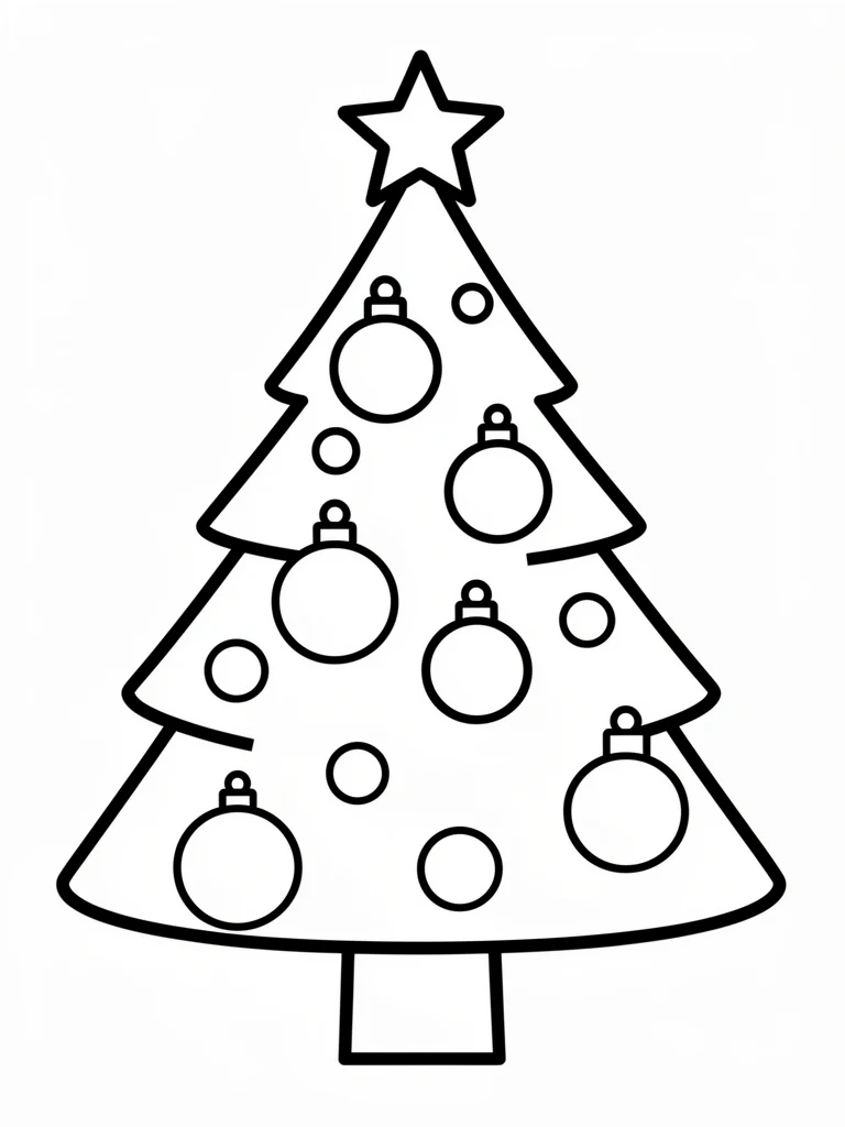 Christmas tree coloring page with ornaments and a star
