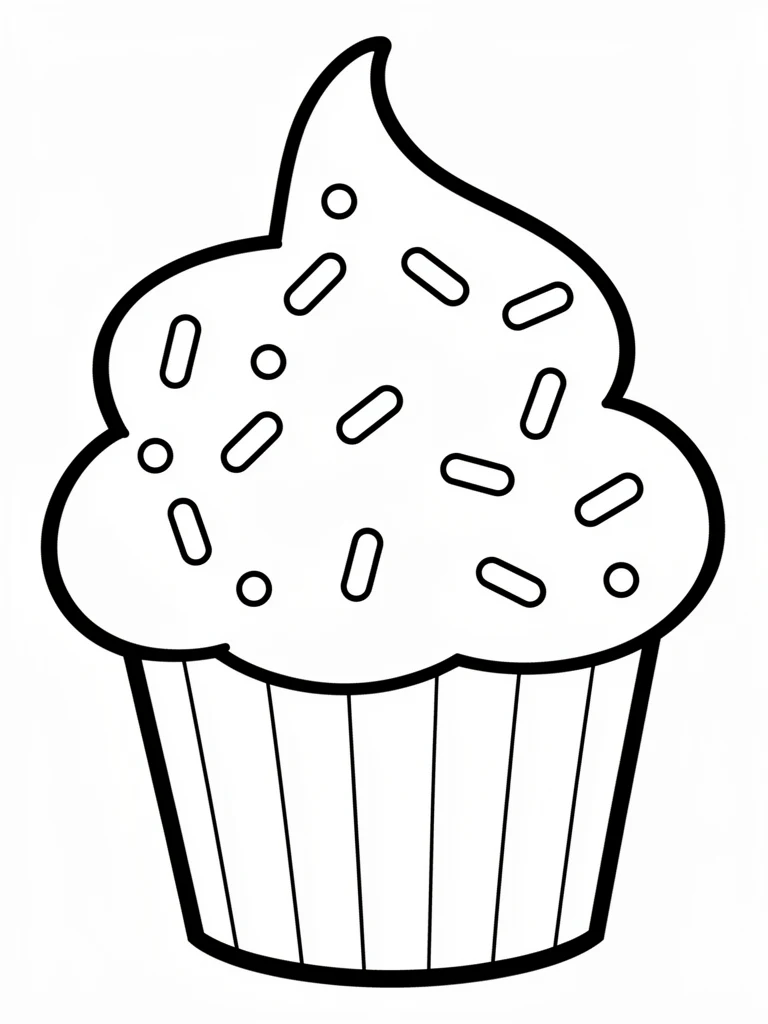 Cute cupcake coloring page with sprinkles and bold outlines