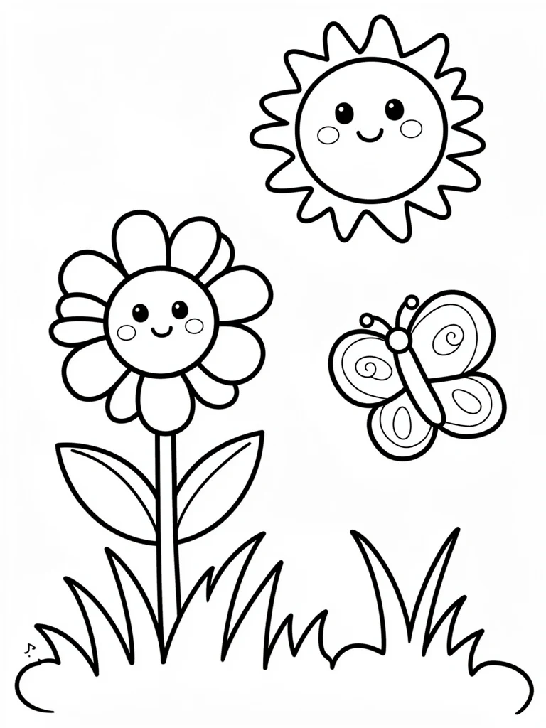 Cute flower nature coloring page with sun and butterfly