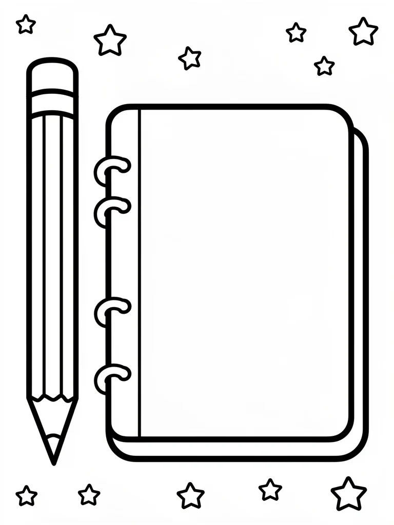 Cute pencil and notebook coloring worksheet with stars