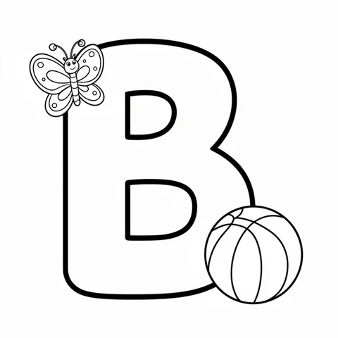 Generated letter B alphabet coloring page with butterfly and ball