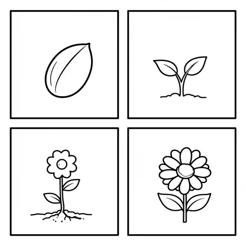 Generated plant growth coloring page with seed, sprout, and flower panels